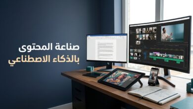 محطة عمل لصانع محتوى تضم شاشات لتحرير الفيديو وكتابة المقالات وتصميم الصور باستخدام أدوات الذكاء الاصطناعي.