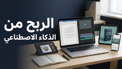 مكتب عمل رقمي يضم حاسوبًا وأدوات للكتابة والتصميم وتحرير الفيديو باستخدام الذكاء الاصطناعي.