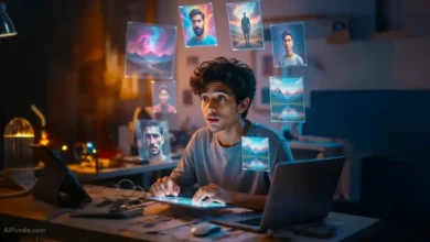 شاب مبدع مندهش تحيط به هالات عائمة تعرض نتائج صور وفنون سريالية تم توليدها بواسطة الذكاء الاصطناعي في بيئة عمل عصرية.