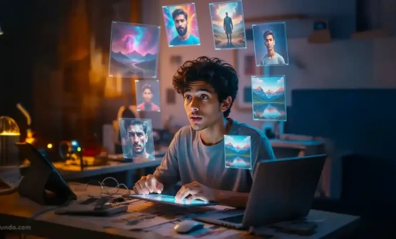 شاب مبدع مندهش تحيط به هالات عائمة تعرض نتائج صور وفنون سريالية تم توليدها بواسطة الذكاء الاصطناعي في بيئة عمل عصرية.