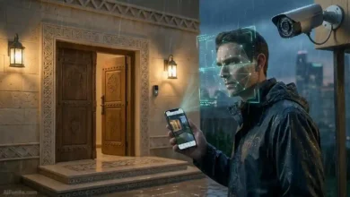 مسح وجهي لرجل أمام منزله مع كاميرا مراقبة يوضح تحديات الخصوصية البصرية في جيميني 2026.