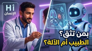 تصميم فني يظهر طبيباً بشرياً يفحص مريضاً، وبجانبه نموذج ثلاثي الأبعاد ليد روبوتية ذكية تشير إلى شاشة تحليلات طبية معقدة.