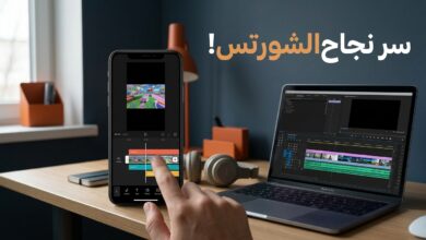 هاتف ذكي وحاسوب يعرضان أدوات تحرير الفيديو القصير والمونتاج لصناعة شورتس جذابة.