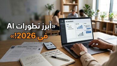 أبرز تطورات الذكاء الاصطناعي في 2026 مع حاسوب محمول على مكتب عمل عصري